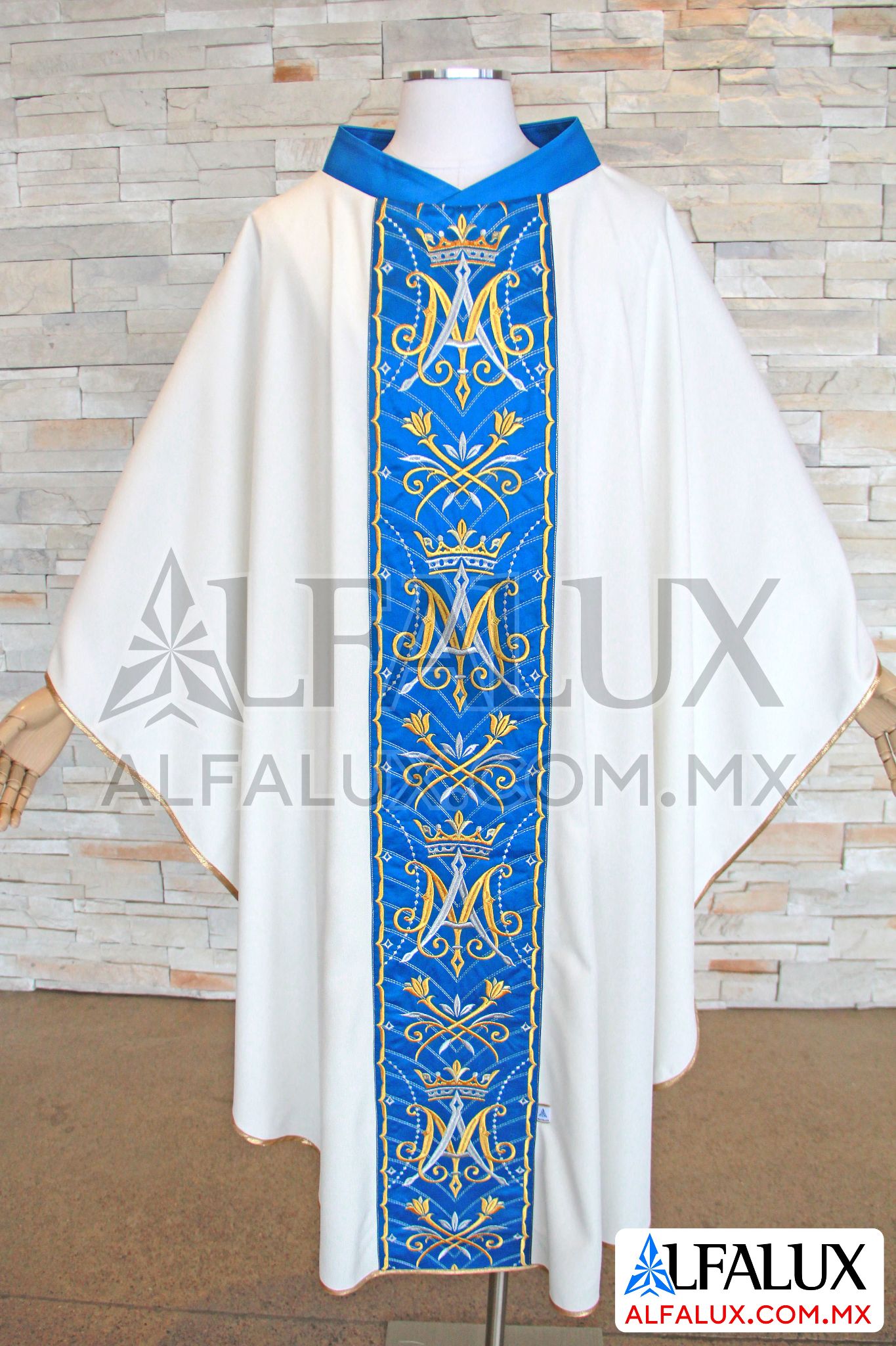 34 MATER DEI Alfalux Casulla Blanco Central Brocado Tafeta Azul Petroleo 180